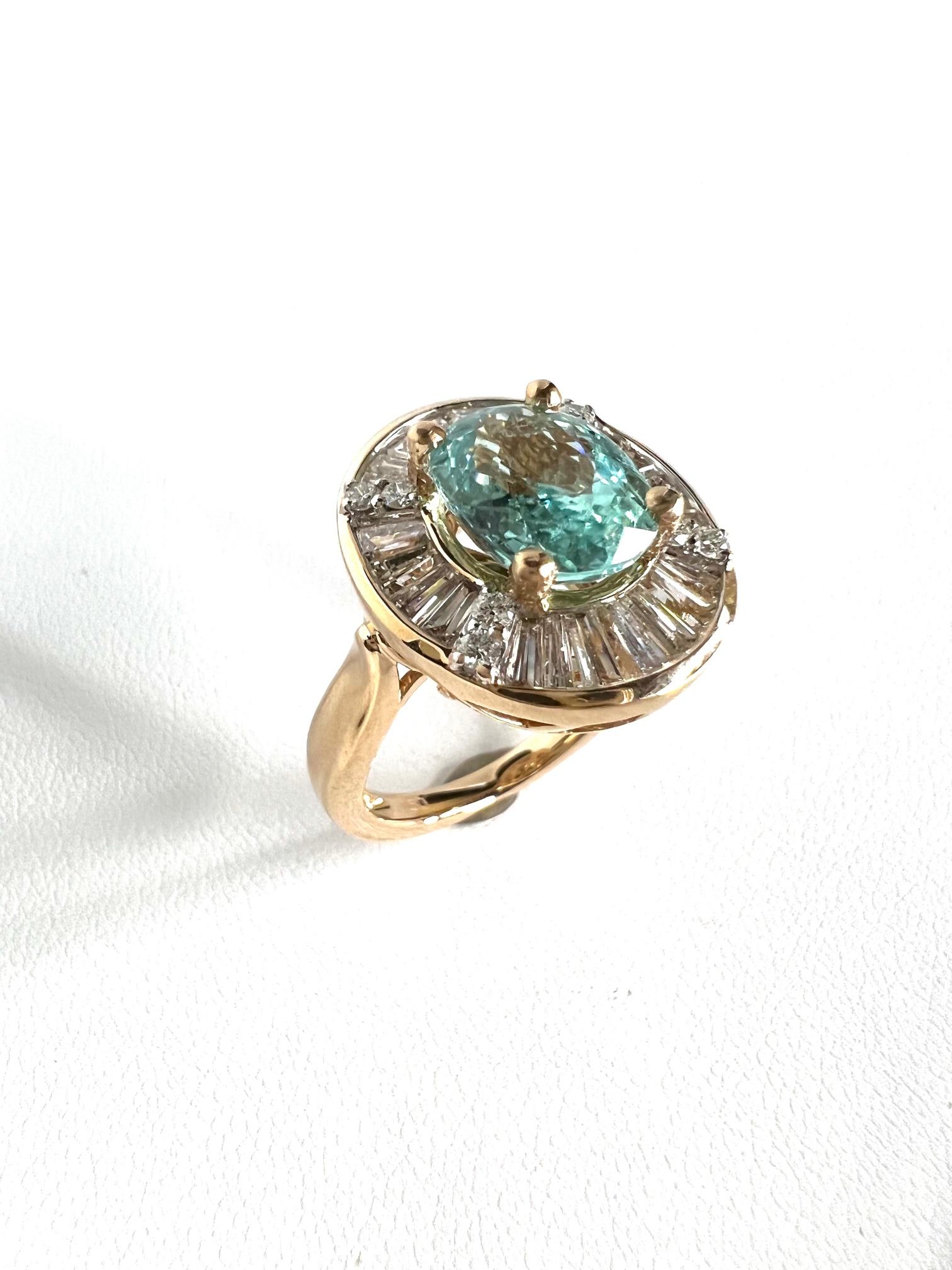 Thomas Leyser is renowned for his contemporary jewellery designs utilizing fine gemstones.

1 Ring in 18k red gold with 1 Paraiba Tourmaline fac. oval 10x7,8mm, 2,85cts. + 22 diamonds tapezes 1,58cts. H/SI + 8 diamonds round 0,15cts. H/SI.

Ringsize