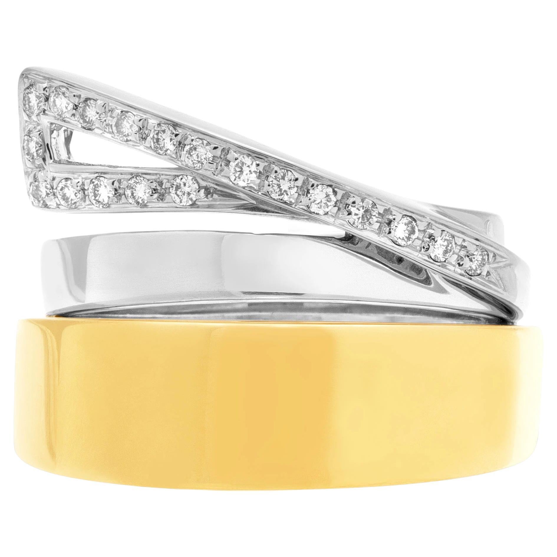Ring in 18k White and Yellow Gold with Diamond Swirl, Stack Design For Sale