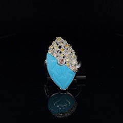 Ring in 18K White Gold Top-Quality Natural Afghan Turquoise and Diamond Statemen