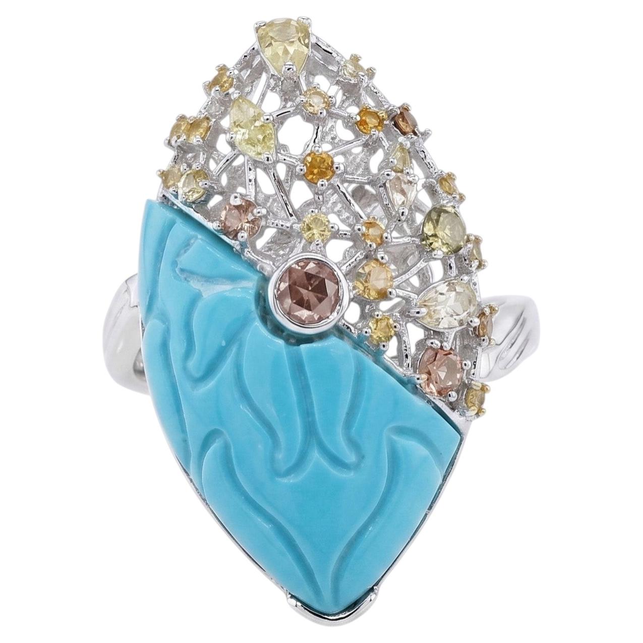 Anillo de oro blanco de 18 quilates con turquesa afgana natural de primera calidad y diamantes en venta