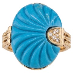Ring in 18K Yellow Gold Natural Turquoise & Brilliant-Cut Diamond