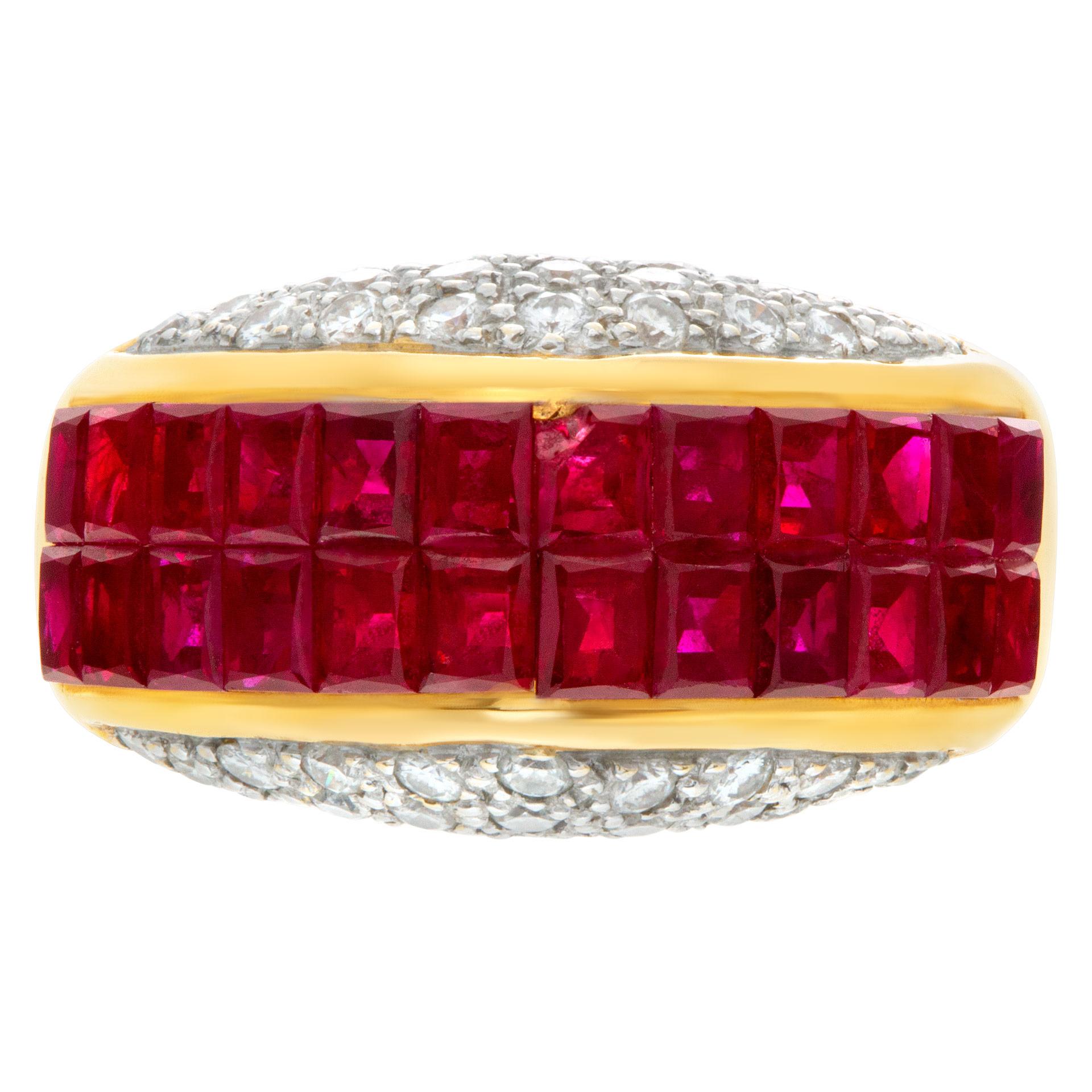 Ruby and diamond ring in 18k yellow gold with over 2.40 carats in rubies and 1 carat in diamonds. Size 7.5This Diamond/Ruby ring is currently size 7.5 and some items can be sized up or down, please ask! It weighs 6.3 pennyweights and is 18k.
