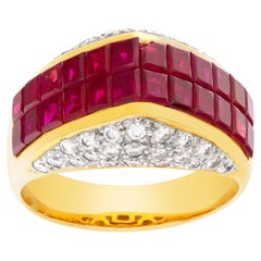 Vintage Ring in 18k Yellow Gold with over 2.40 Carats in Rubies and 1 Carat in Diamonds