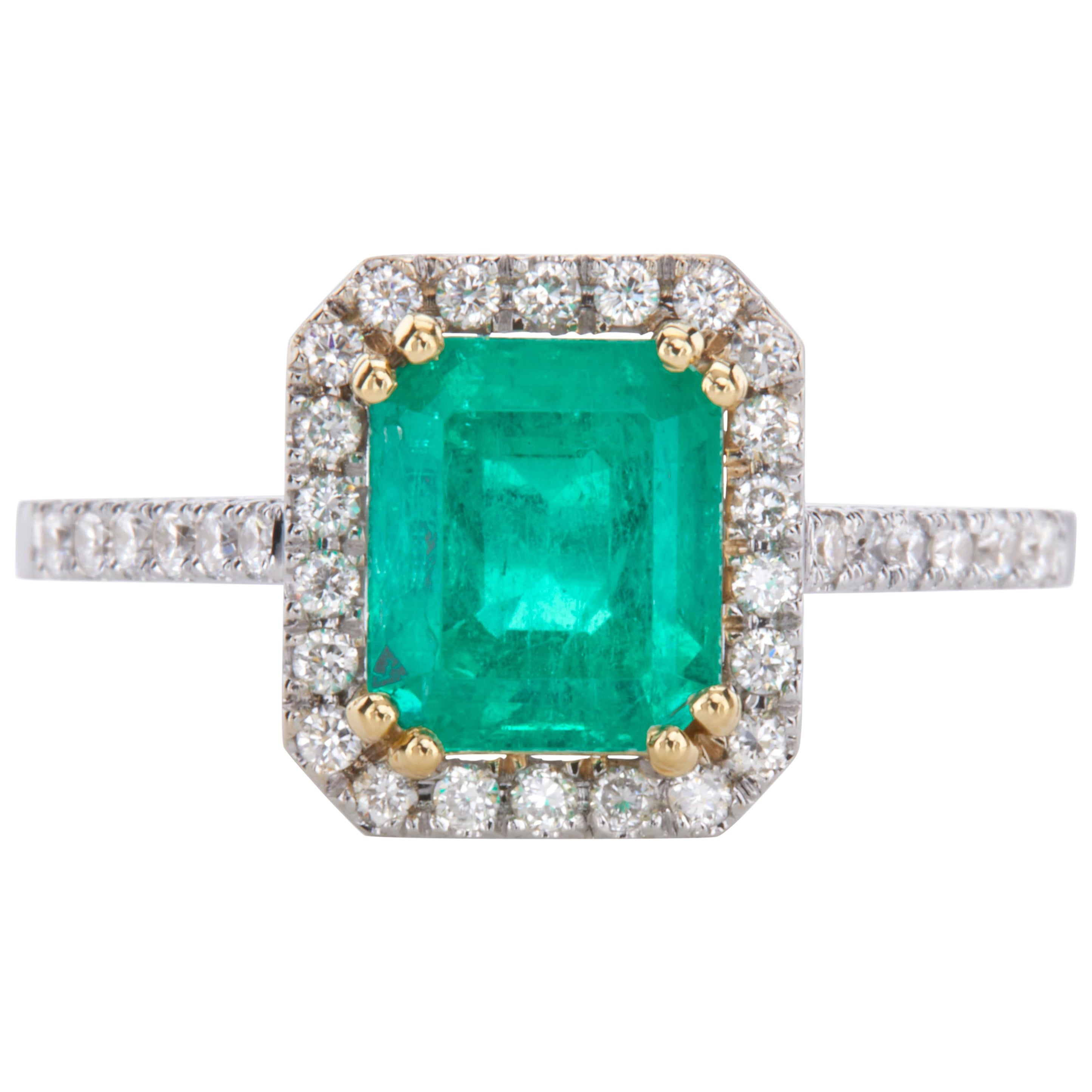 Anillo de oro blanco de 18 quilates con esmeralda verde de talla rara de 1,70 ct y diamantes