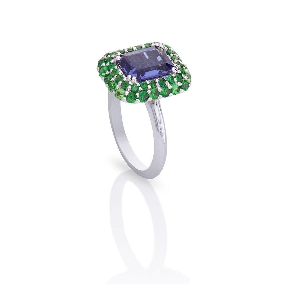 For Sale:  Ring in 18Kt White Gold with Blue Iolite Octagon and Green Tzavorite Garnet Pave 2