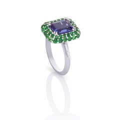 Ring in 18Kt White Gold with Blue Iolite Octagon and Green Tzavorite Garnet Pave