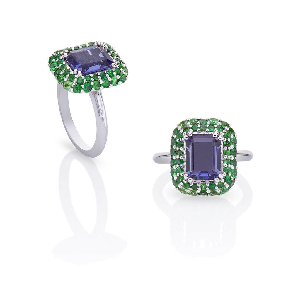 For Sale:  Ring in 18Kt White Gold with Blue Iolite Octagon and Green Tzavorite Garnet Pave 3