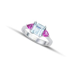Ring in 18Kt White Gold with Square Cut Aquamarine and Trillion Pink Sapphires
