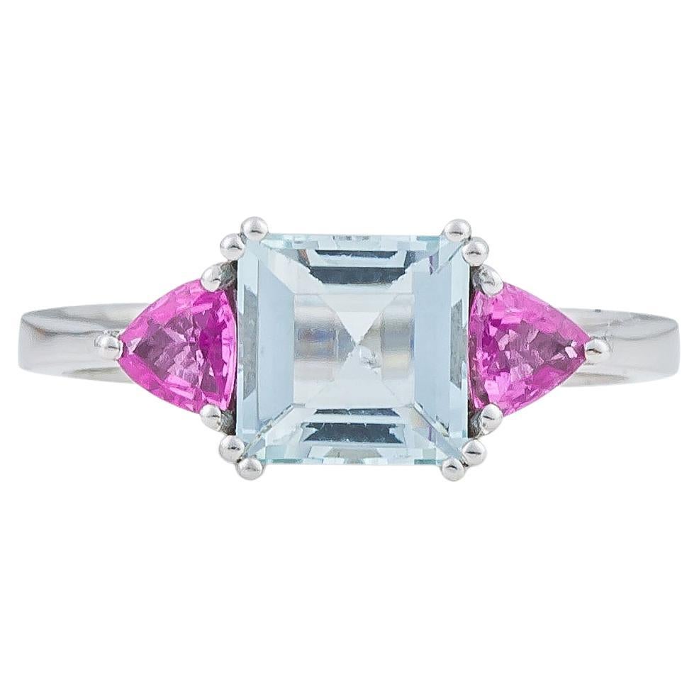 Ring in 18Kt White Gold with Square Cut Aquamarine and Trillion Pink Sapphires For Sale