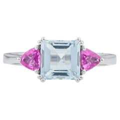 Ring in 18Kt White Gold with Square Cut Aquamarine and Trillion Pink Sapphires
