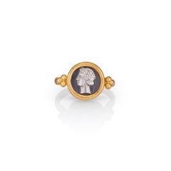 Ring in 22 Kt Yellow Gold and Oxidized Silver Ancient Coin with Goddess Dimitra