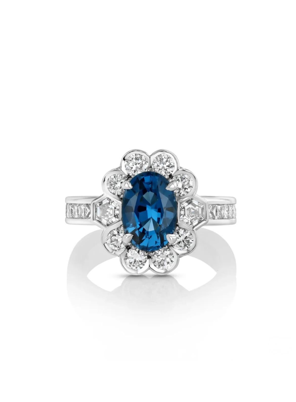 Oval Cut Ring in platinum, featuring a 2.09ct cobalt Spinel from Vietnam. AGL certified. For Sale