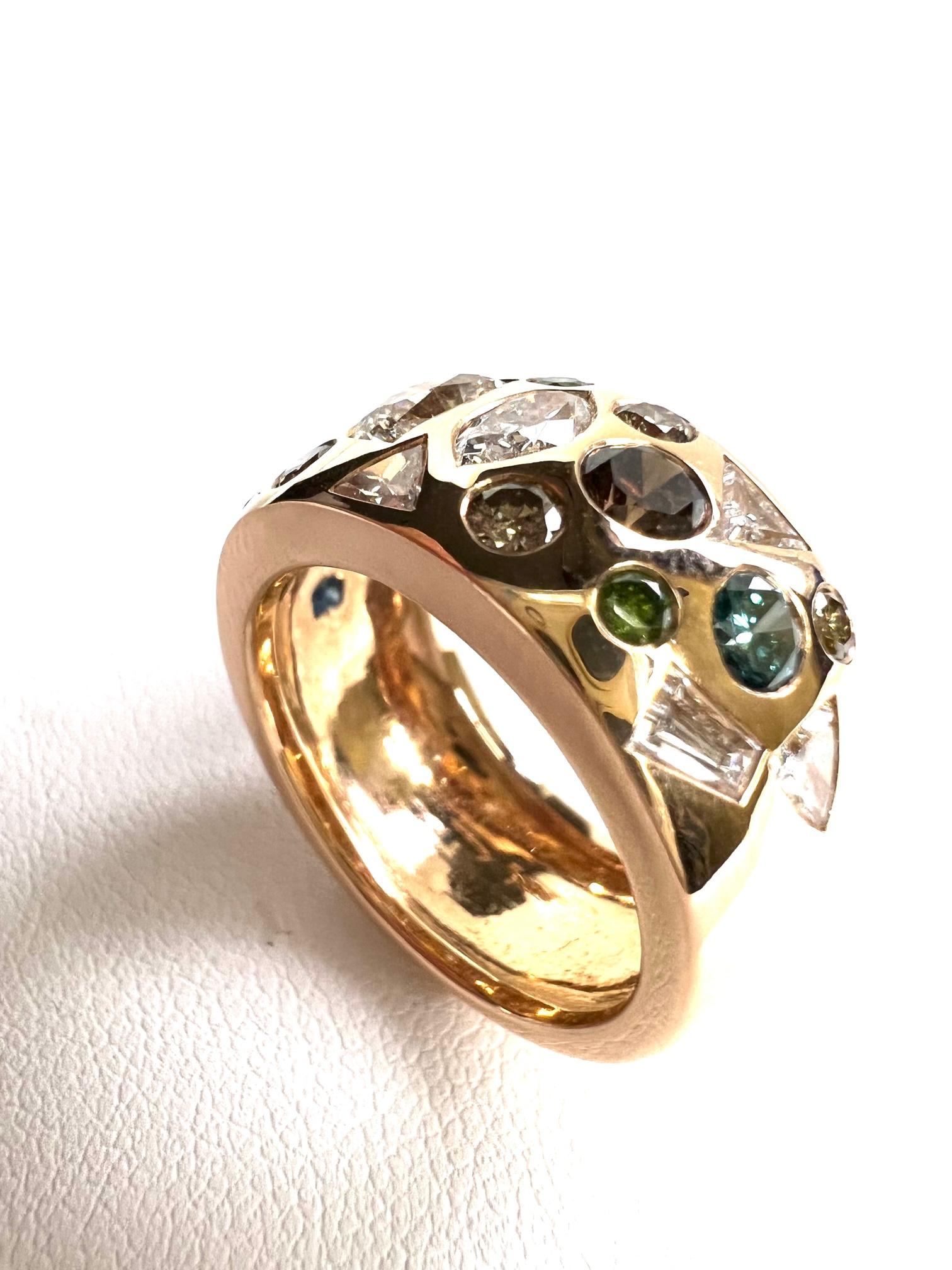 Thomas Leyser is renowned for his contemporary jewellery designs utilizing fine gemstones.

1 ring in 18k red gold 13,2gr. with 14 round diamonds white + fancy color + 9 diamonds fancy shapes and colors 2,85cts. 

Ringsize 56 (7,5). Is resizeable.

 