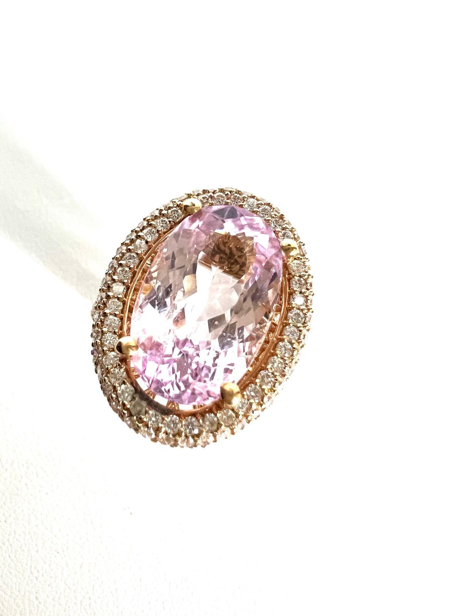 Thomas Leyser is renowned for his contemporary jewellery designs utilizing fine gemstones.

1 ring in 18k Red Gold with 1 Kunzite fac. oval 15,7x10mm, 9,85cts. and diamonds round 1,2mm G/VS, 4,22cts..

Ringsize is 56 (7,6) and resizable.