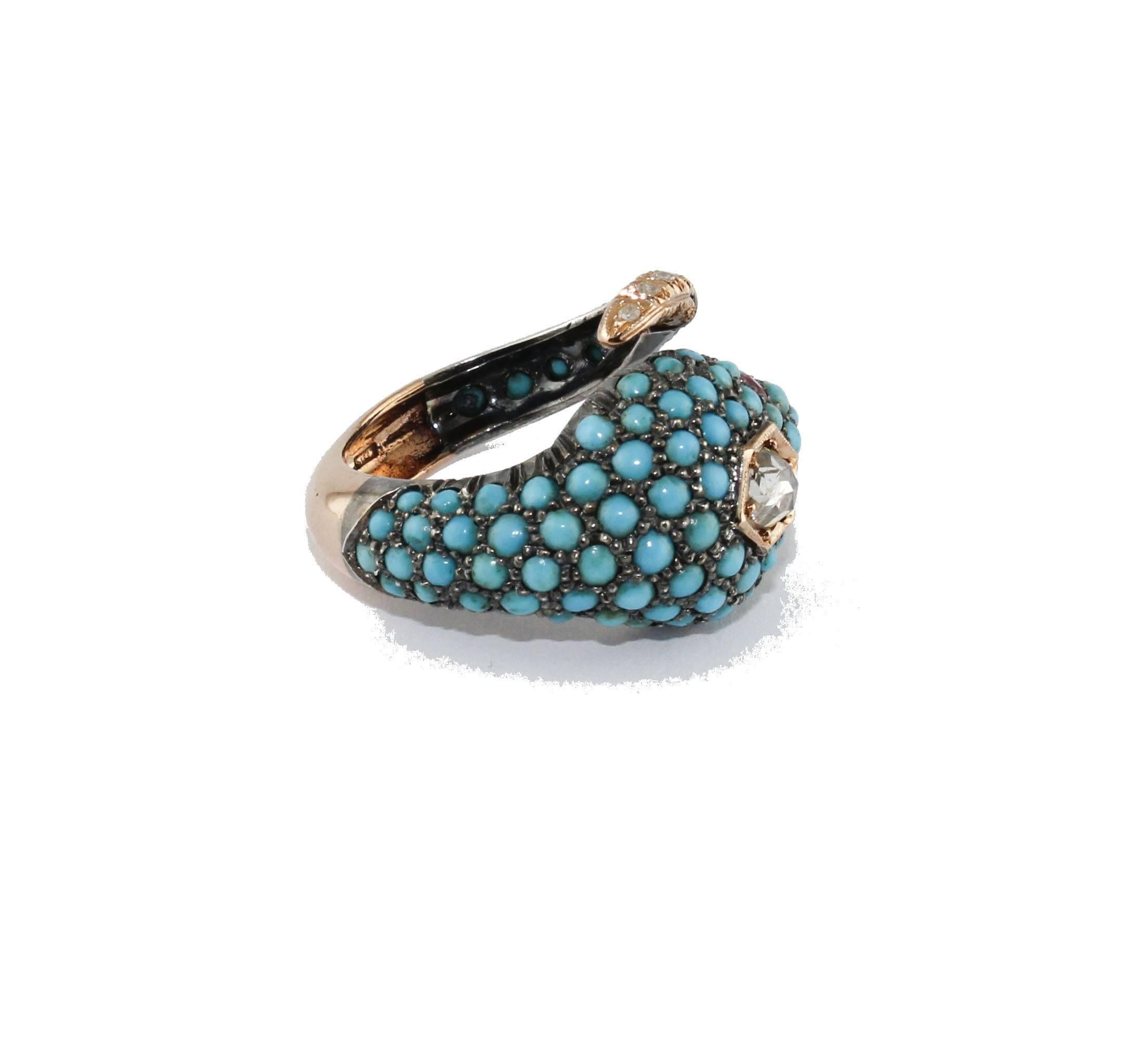 Retro  Diamonds Rubies Turquoise  Rose and Silver Gold Snake Ring