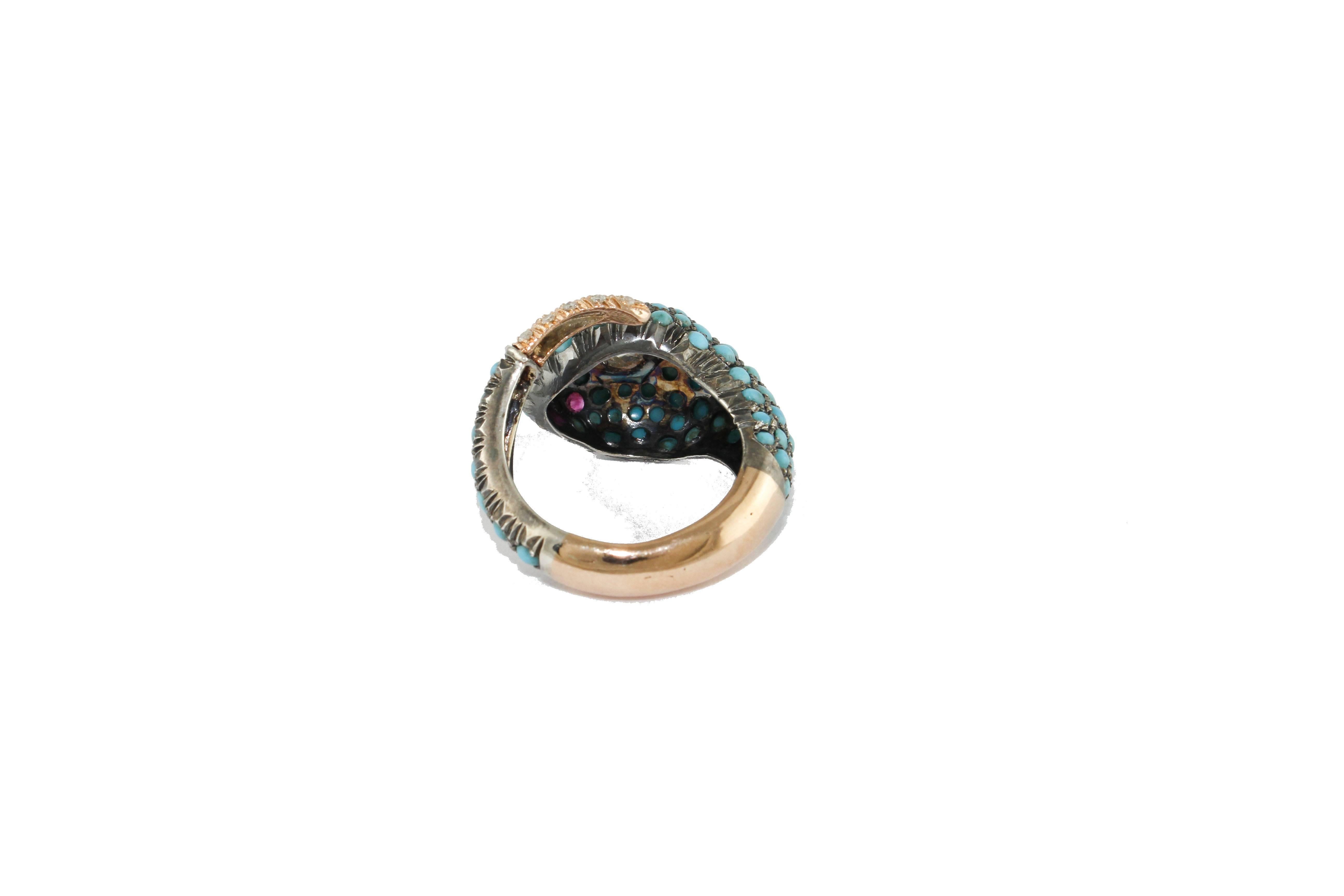  Diamonds Rubies Turquoise  Rose and Silver Gold Snake Ring In Good Condition In Marcianise, Marcianise (CE)