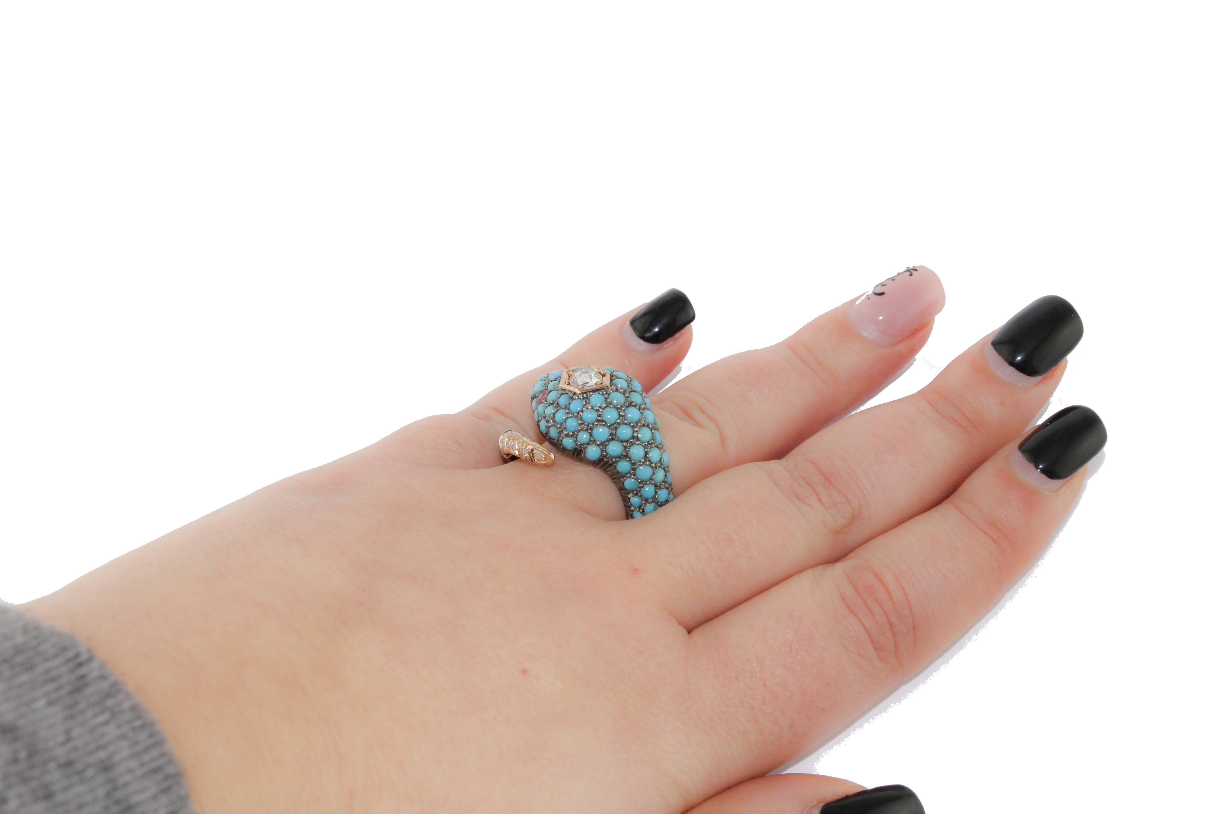 Women's  Diamonds Rubies Turquoise  Rose and Silver Gold Snake Ring
