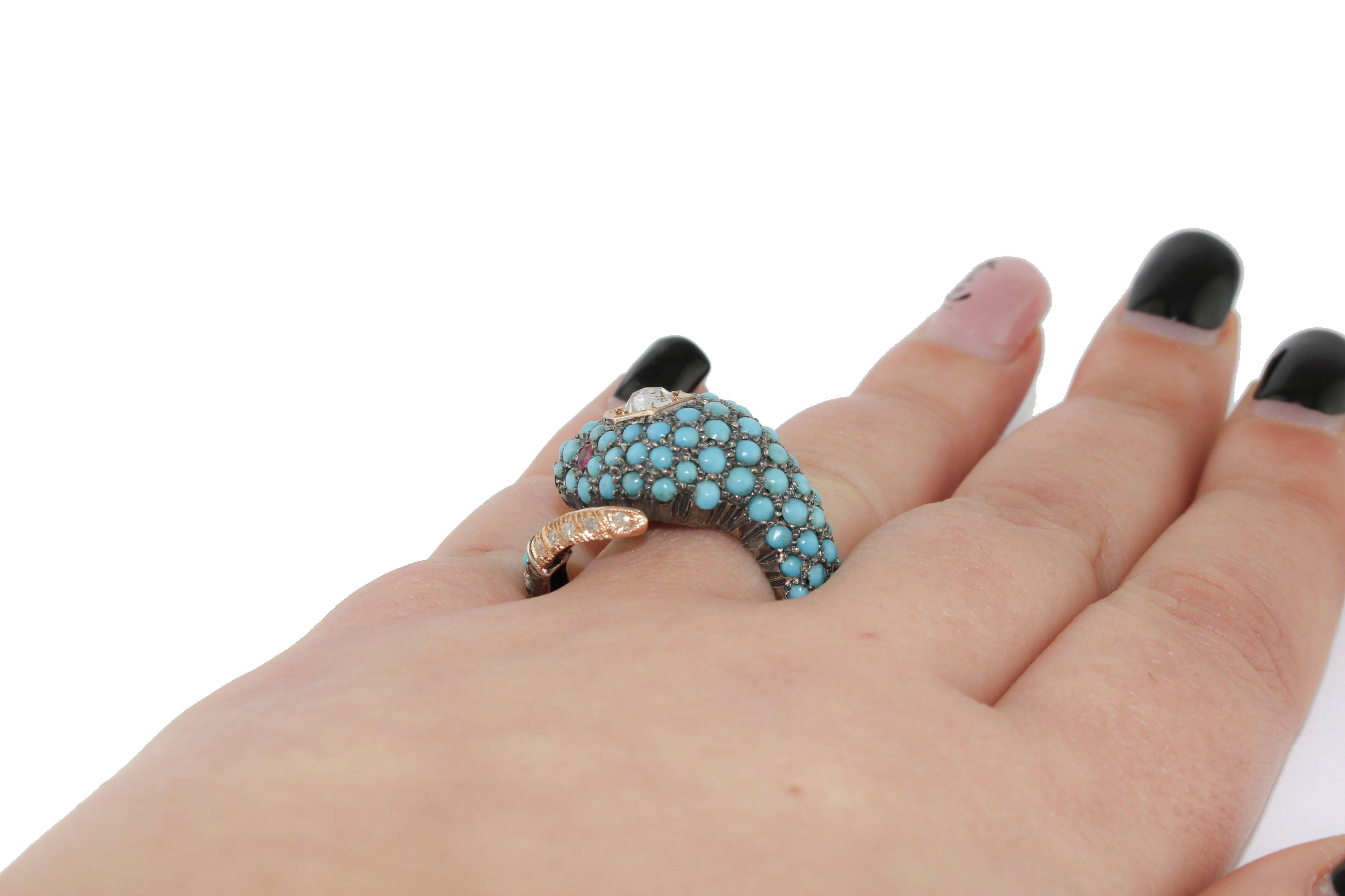  Diamonds Rubies Turquoise  Rose and Silver Gold Snake Ring 1