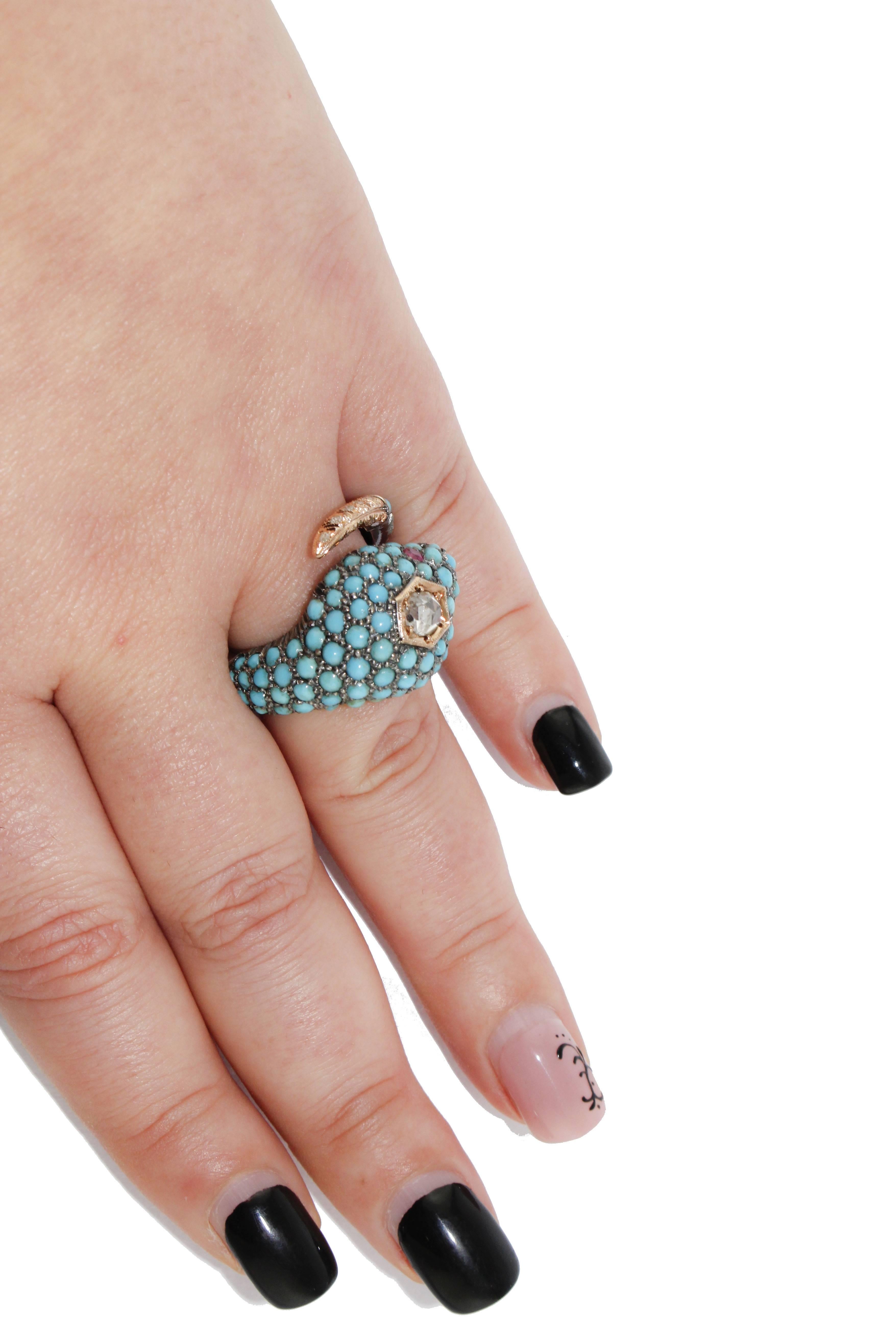  Diamonds Rubies Turquoise  Rose and Silver Gold Snake Ring 2