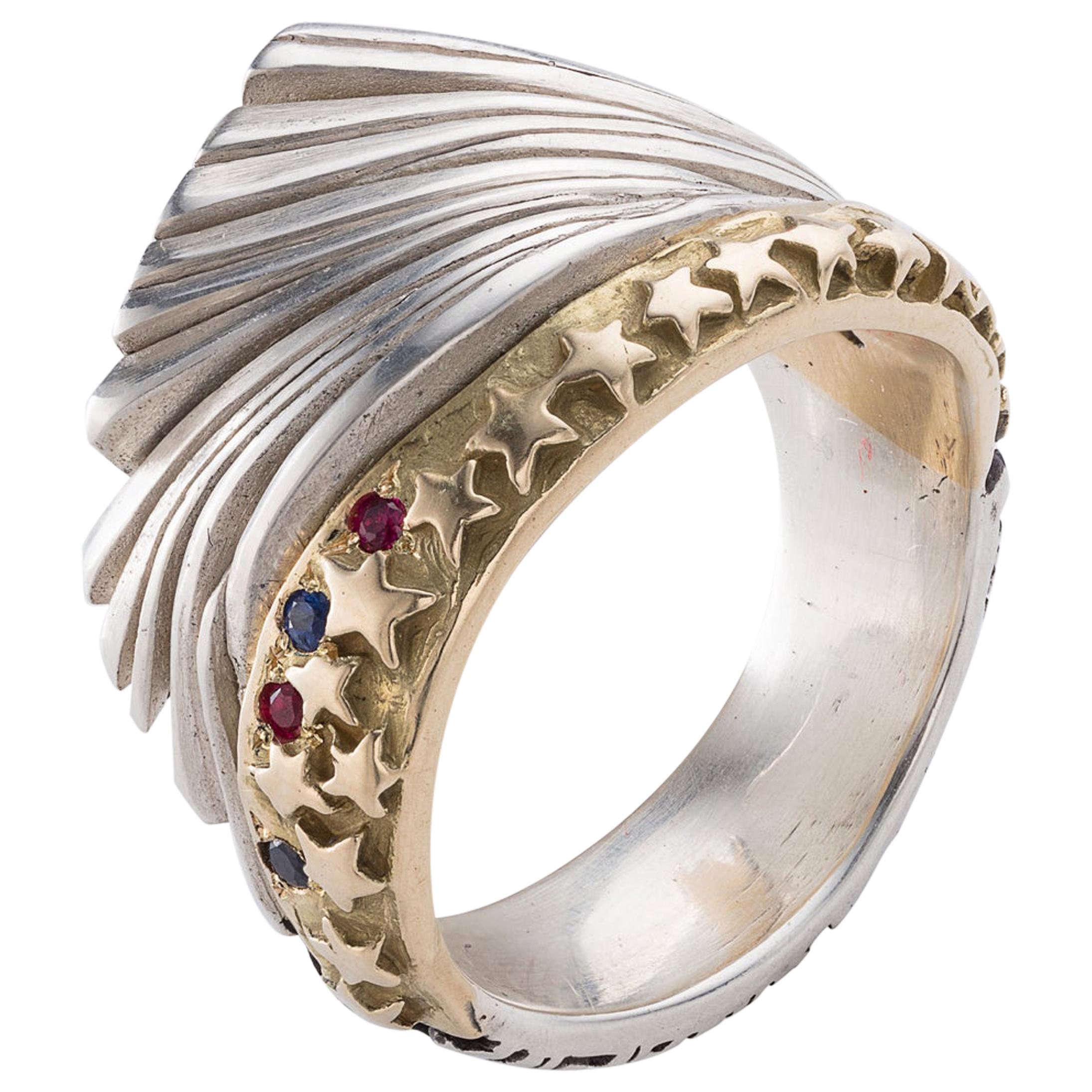 Ring in Sterling Silver, Gold, Rubies, and Sapphires by Anne Fischer, 2017 For Sale