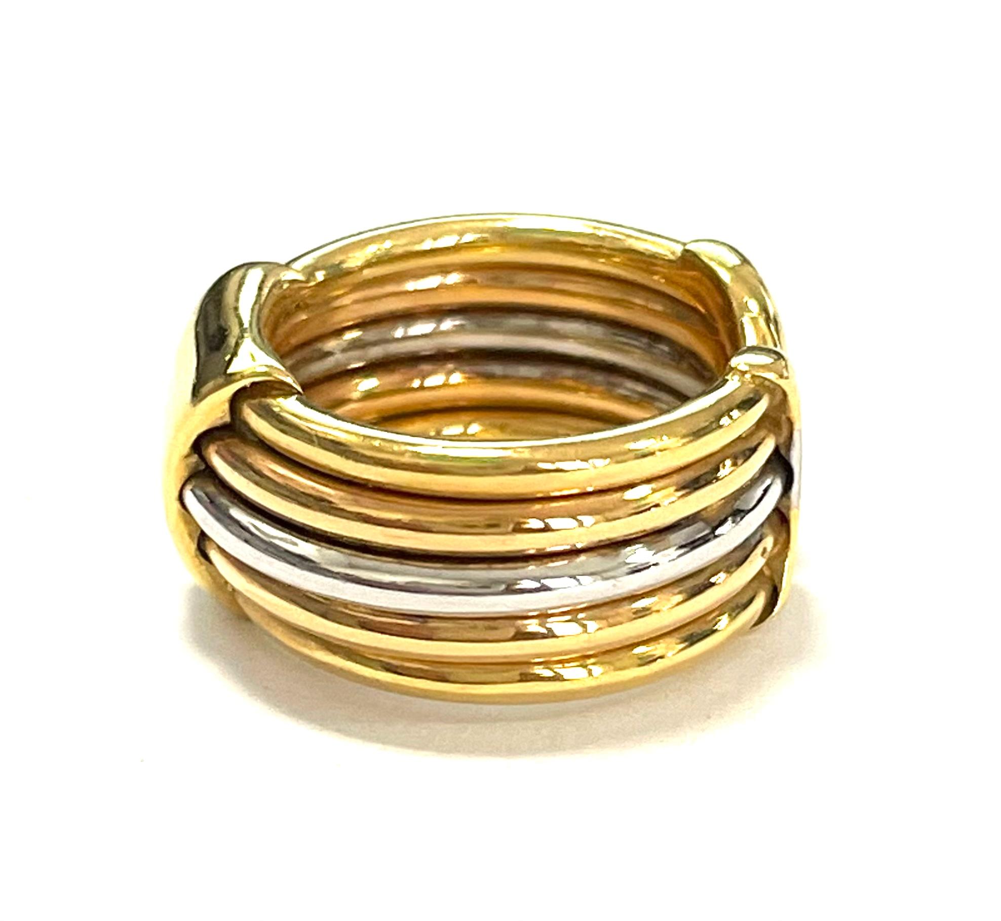 18k 3 colours bands ring 

The total weight of 18 kt Gold is GR 13.40
US Size 5
MARKS : 10MI 750 ITALY