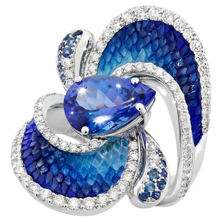 Ring in White Gold with Diamonds, Tanzanite, Blue Sapphire and Micromosaic