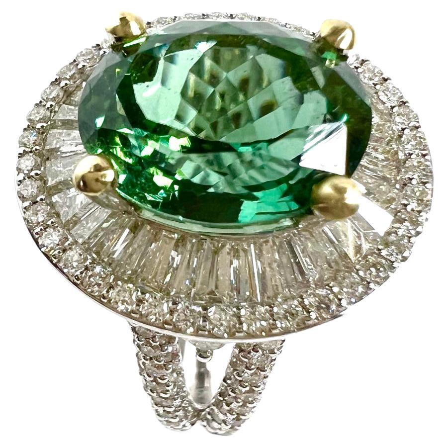Ring in White Gold with Green Tourmaline and Diamonds For Sale
