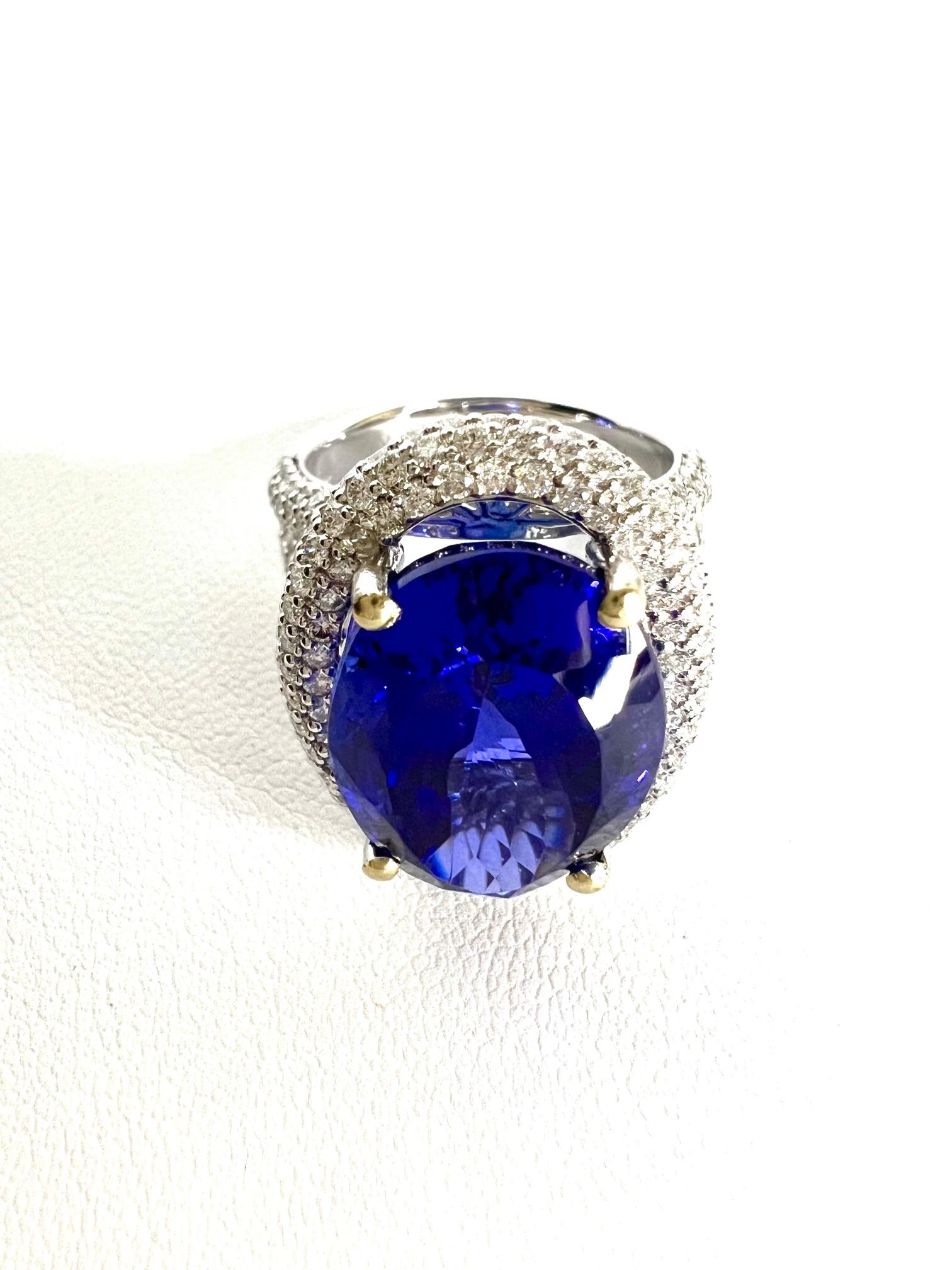 Thomas Leyser is renowned for his contemporary jewellery designs utilizing fine gemstones.

1 ring in 18k white gold 9,8gr. with 1 Tansanite fac. (deep blue color) top quality oval 16,3x12mm 12,68cts. and diamonds round 1,2mm, E/VS