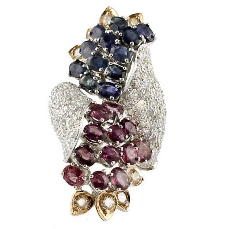  Diamond Ruby Sapphire White and Rose Gold Grapes Ring For Sale