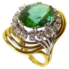 Ring in Yellow Gold with 1 green Tourmaline and Diamonds