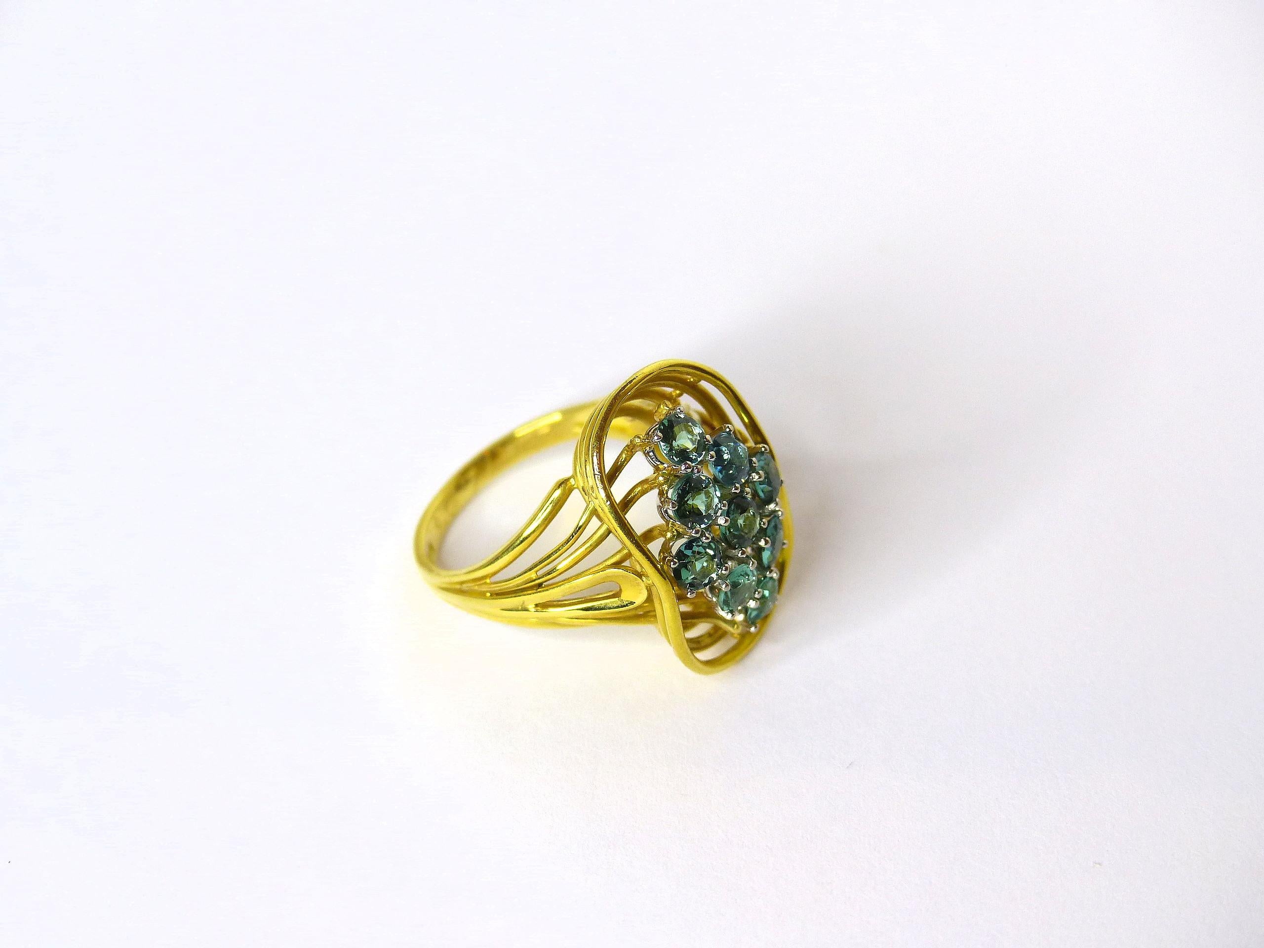 Thomas Leyser ist bekannt für seine zeitgenössischen Schmuckentwürfe unter Verwendung edler Edelsteine.

Dieser Ring aus 14k Gelbgold (8,52gr.) ist mit 9 Turmalinen höchster Qualität in prächtiger Farbe mit intensiver bläulicher/grünlicher Färbung