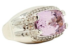 Anello da cocktail rettangolare con kunzite e diamanti a corona, 8,17 CTW, oro bianco 14K, misura 5,75