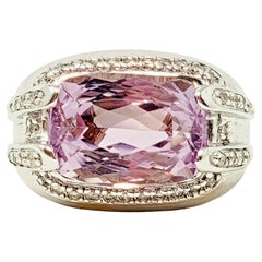 Anello da cocktail rettangolare con kunzite e diamanti a corona, 8,17 CTW, oro bianco 14K, misura 5,75
