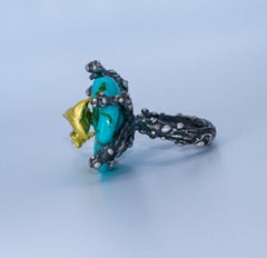 Ring "Little Whale" Tourmaline and Turquoise on 18k Gold and Blackened Silver