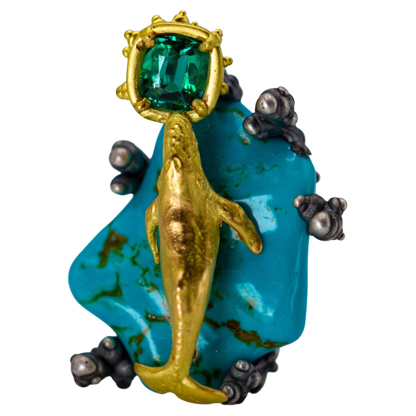 Ring "Little Whale" Tourmaline and Turquoise on 18k Gold and Blackened Silver For Sale