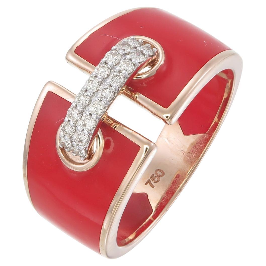 Ring made in 18kt gold with natural diamonds and Red ceramic For Sale