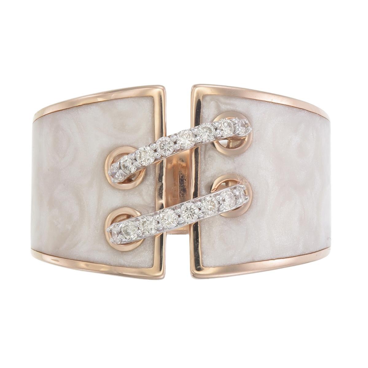 Ring made using Mother of pearl Ceramic n 18kt Pink gold & natural diamonds
4.76 grams of gold along with 0.16 carat natural diamonds are used in this ring
