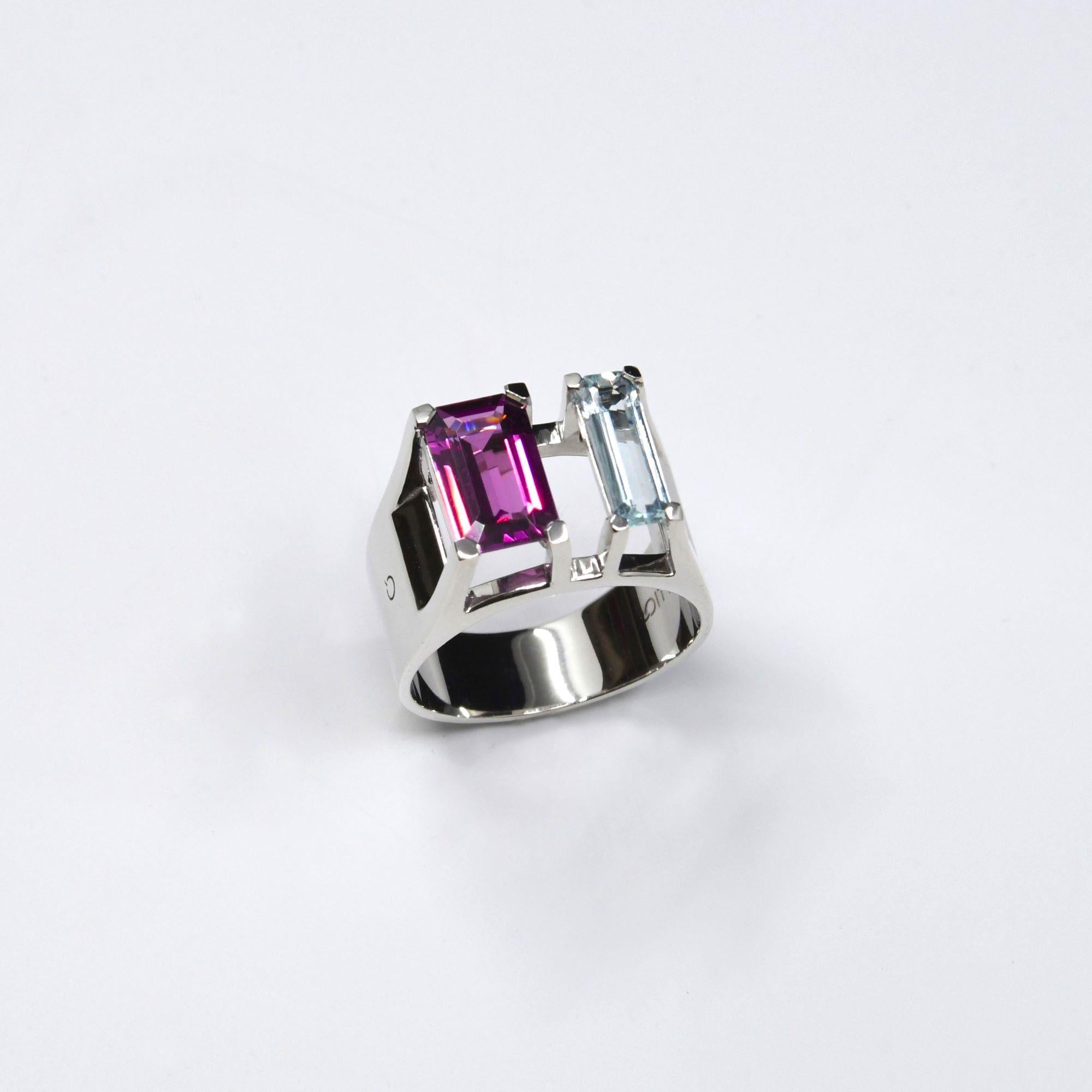 Contemporary Ring MIROIR Pink, Rhodolite garnet 2.05 ct & Aquamarine 0.72 ct