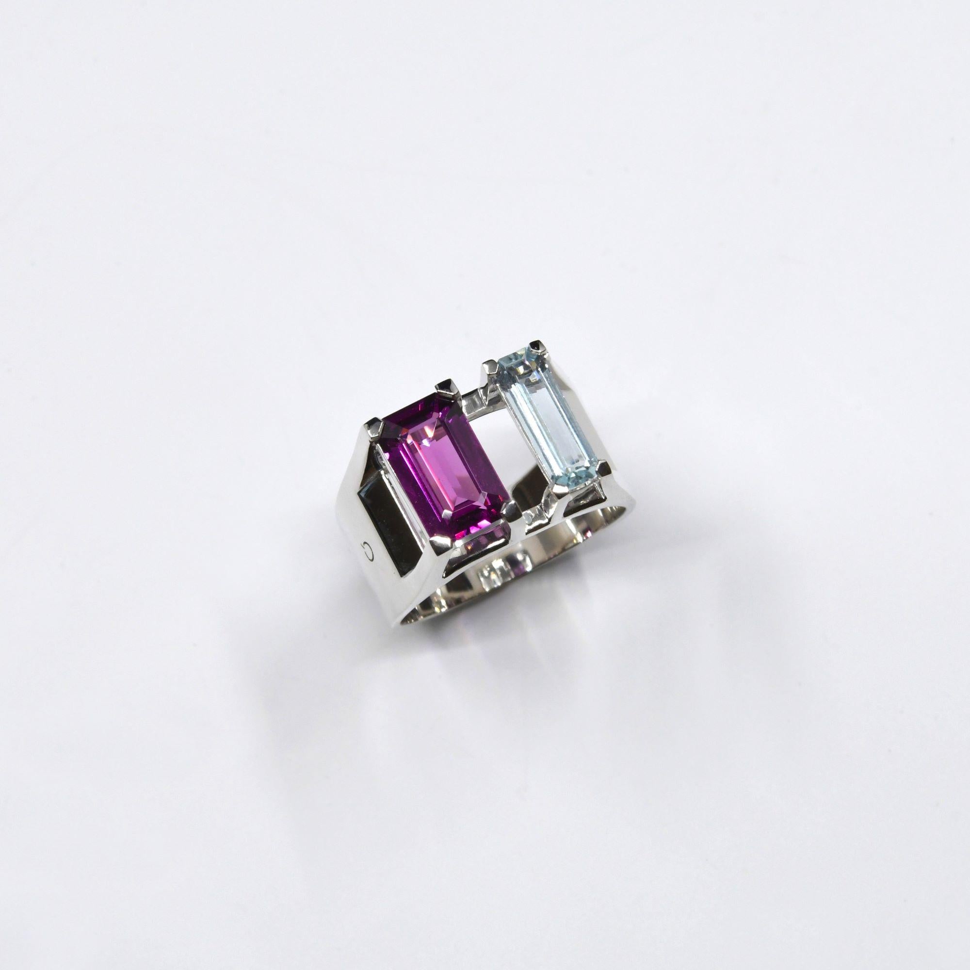 Baguette Cut Ring MIROIR Pink, Rhodolite garnet 2.05 ct & Aquamarine 0.72 ct
