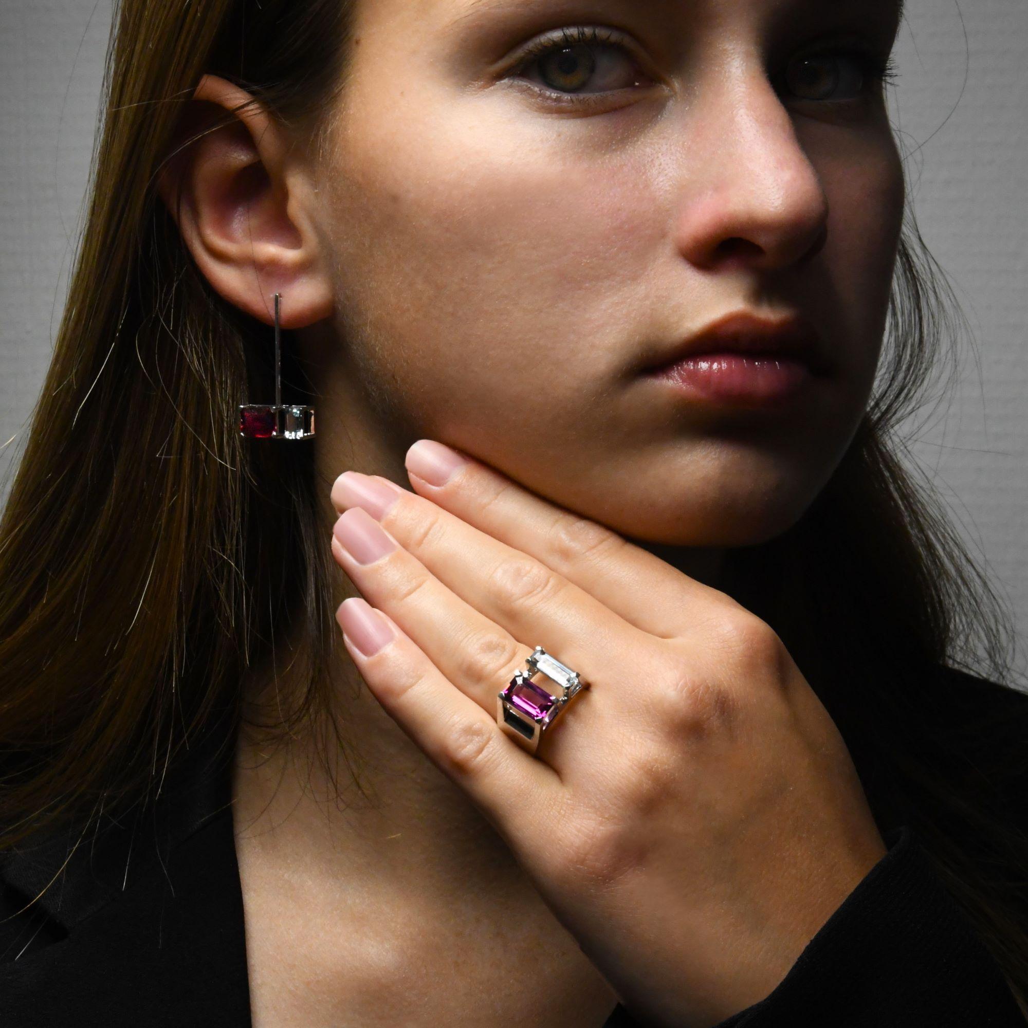 Women's or Men's Ring MIROIR Pink, Rhodolite garnet 2.05 ct & Aquamarine 0.72 ct