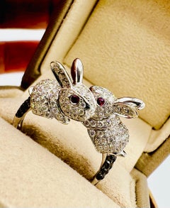 Ring Model "Rabbits" in 18ct White Gold Set with a Pavé of Diamonds and Rubies
