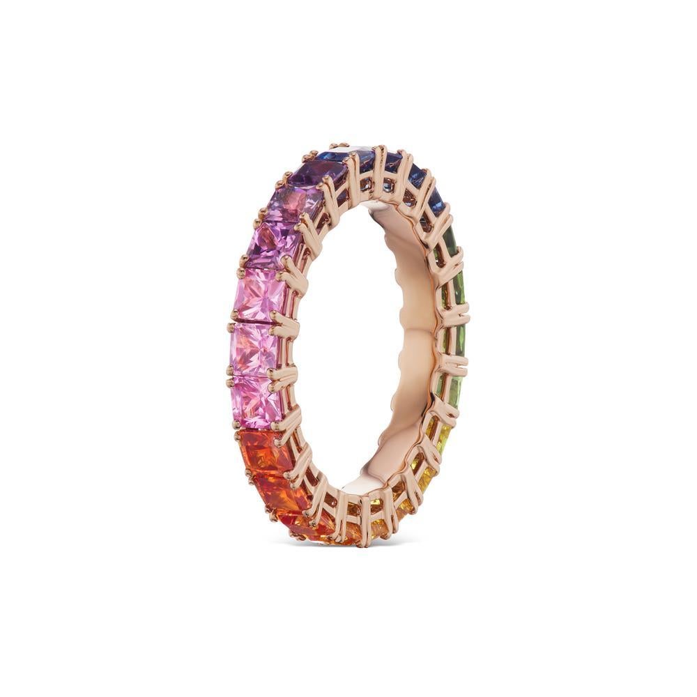 Modern 18k Rose Gold Ring 4.12ct Multi Color Sapphire Eternity Ring For Sale