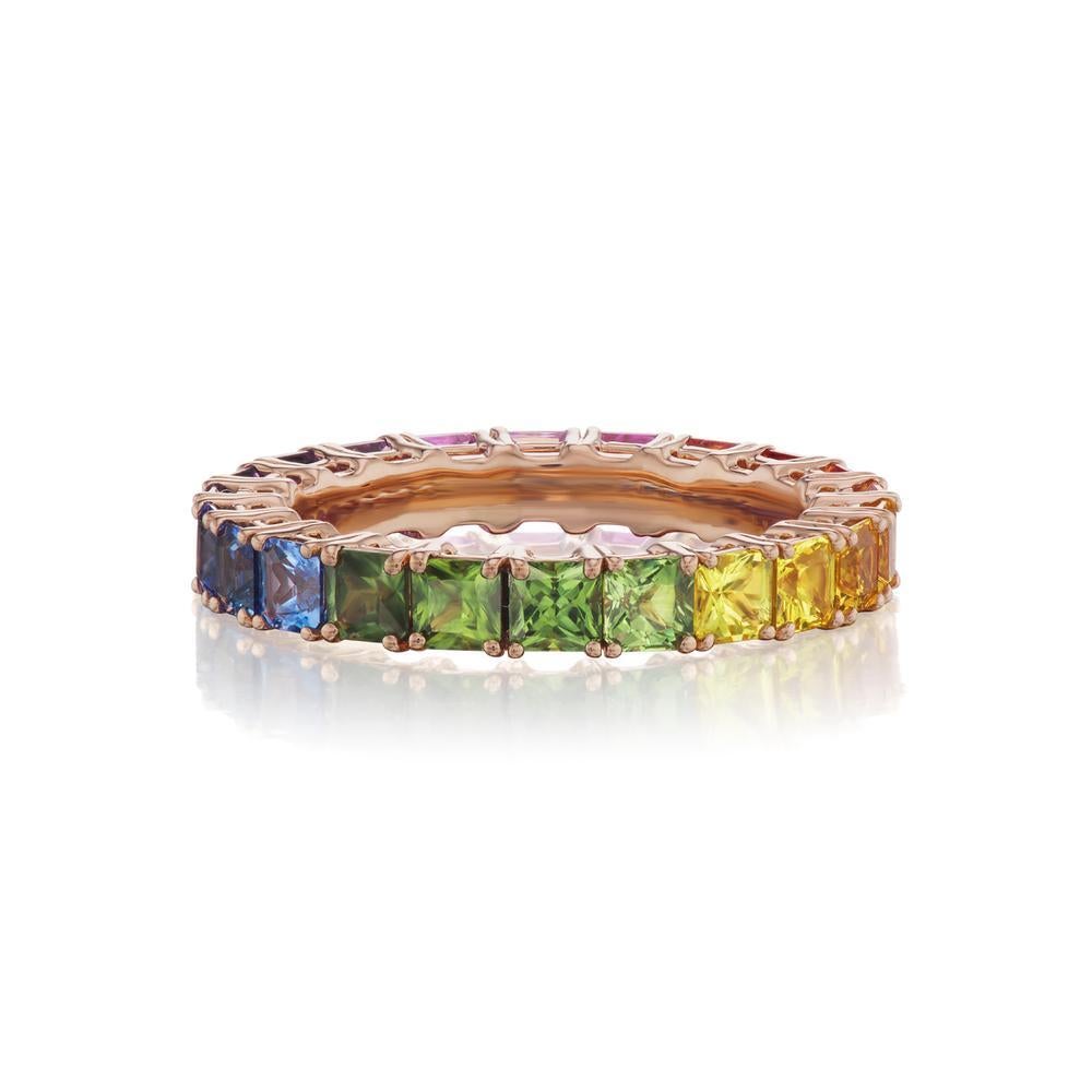 Brilliant Cut 18k Rose Gold Ring 4.12ct Multi Color Sapphire Eternity Ring For Sale