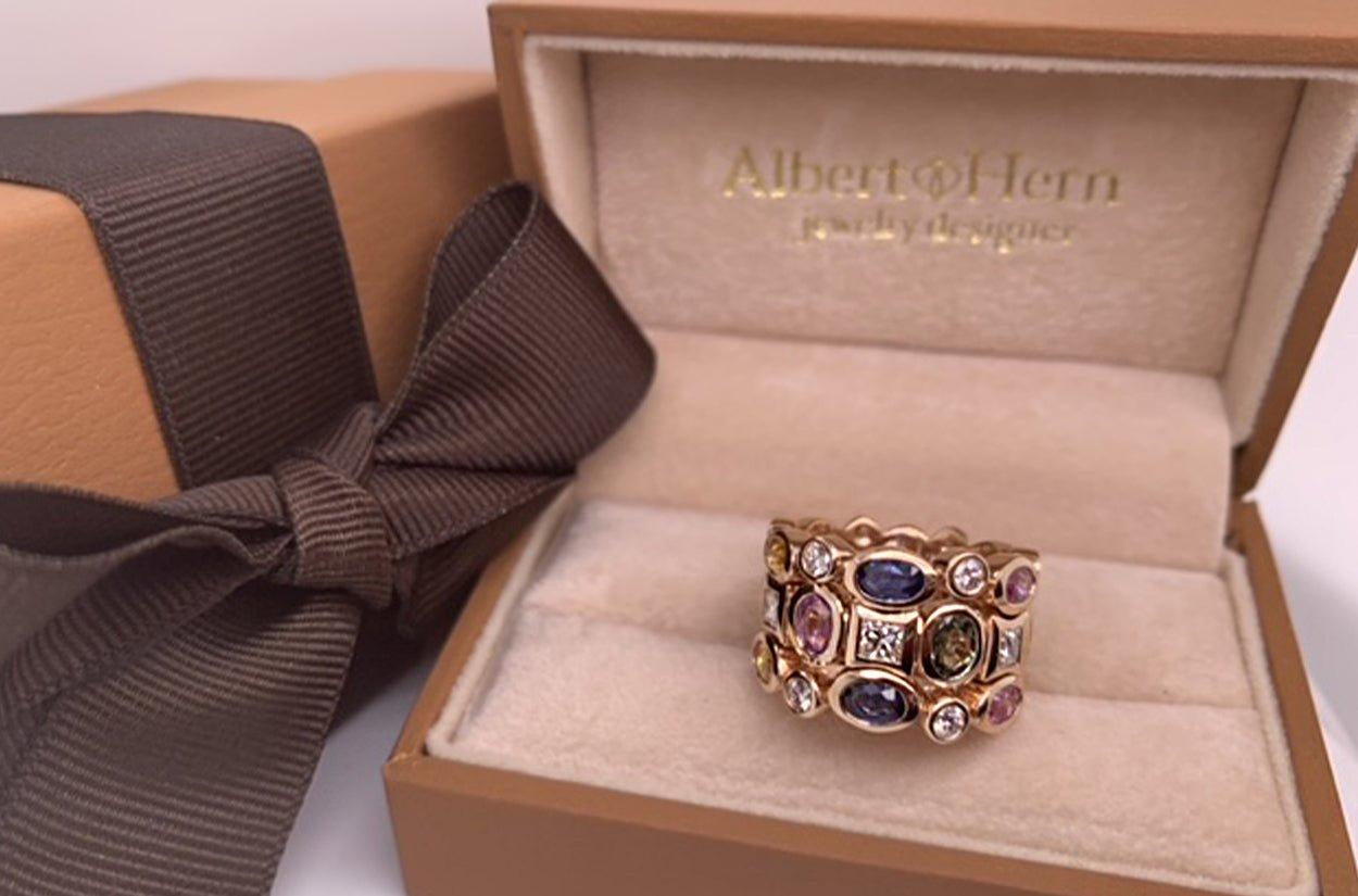 Contemporary Ring Multicolor Sapphires 3.56 cts & Diamonds 0.88 cts in 18kt Rose Gold For Sale