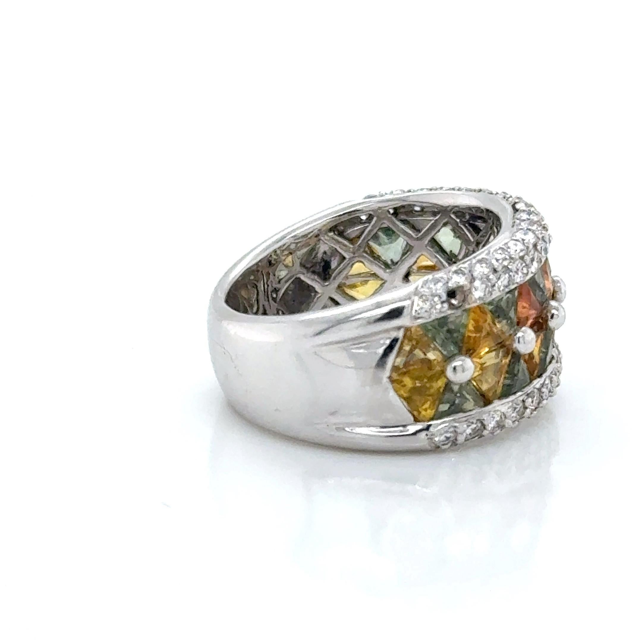 Anillo Zafiros Multicolor y Diamantes en Oro Blanco Corte mixto en venta