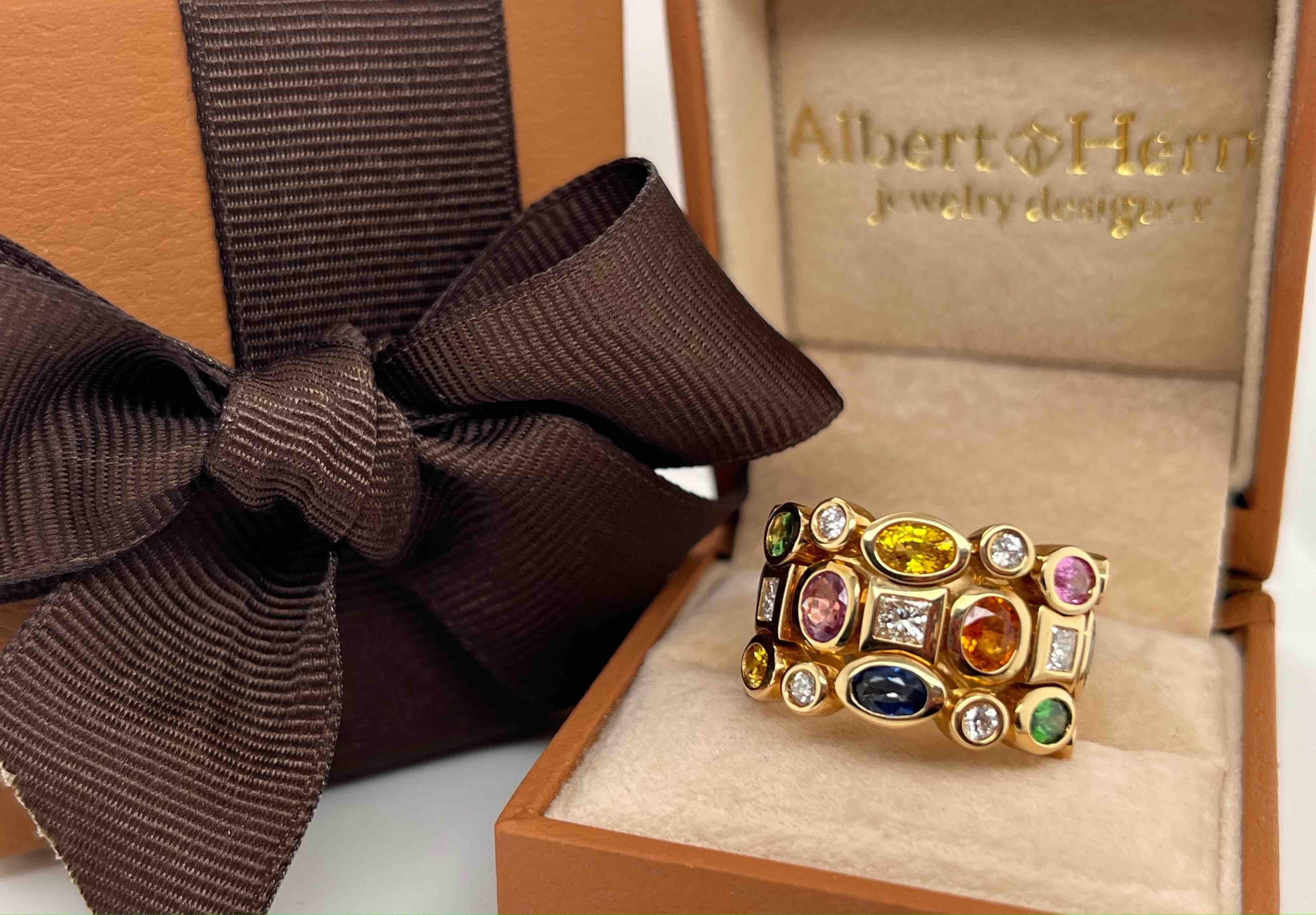 Contemporain Bague saphirs multicolores et diamants en or jaune en vente