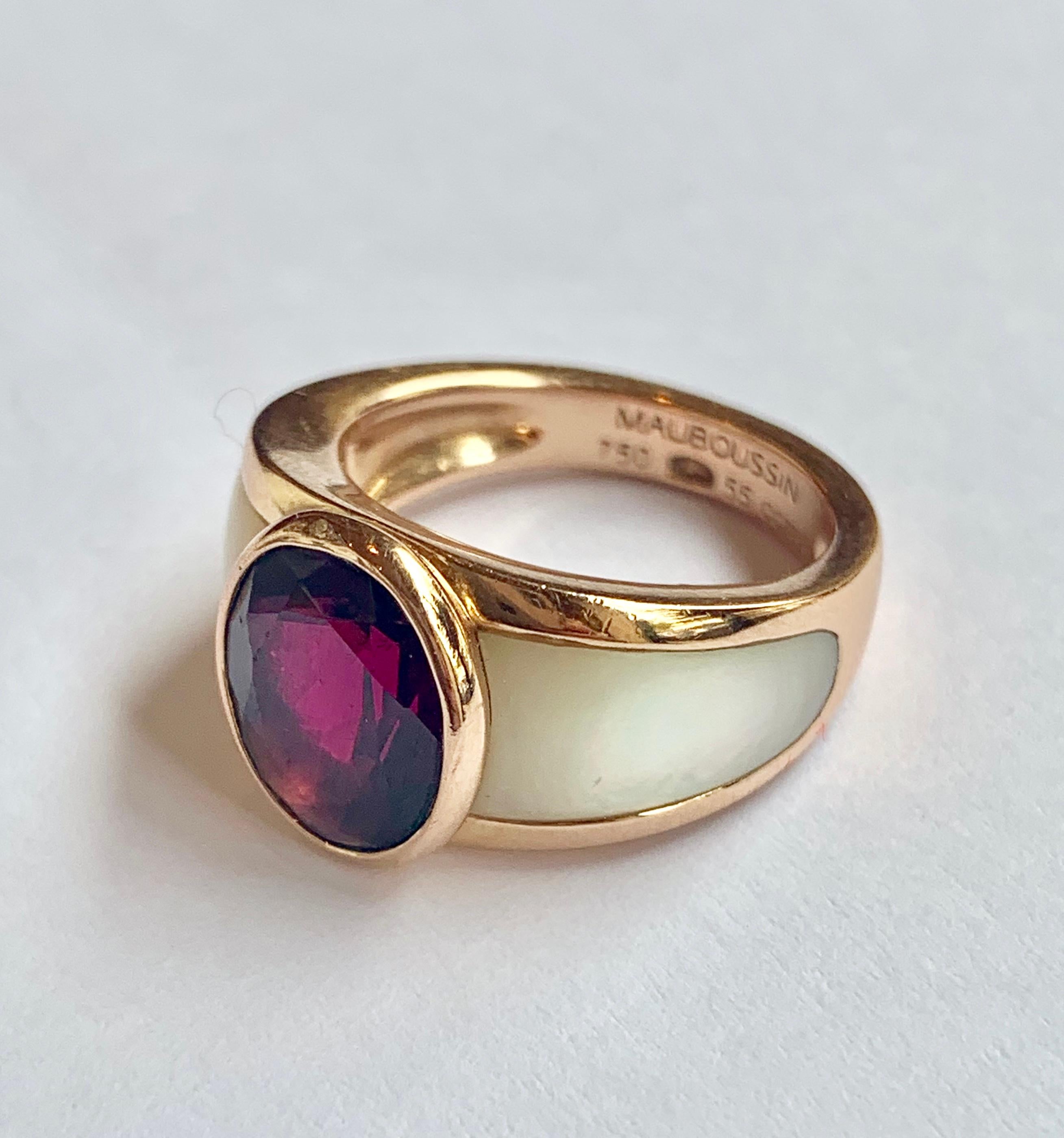 Contemporary Ring Nadia Signed Mauboussin Rhodolite Garnet Mother of Pearl 18 Carat Pink Gold
