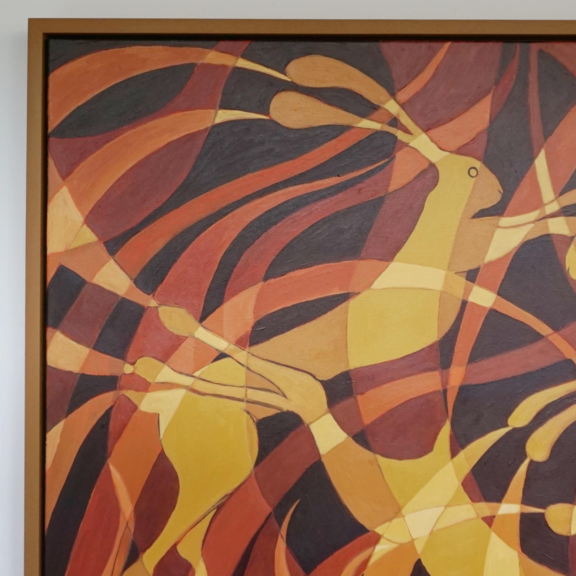 'Ring of Hares' Contemporary Art Deco Style Painting In Excellent Condition In Forest Row, East Sussex