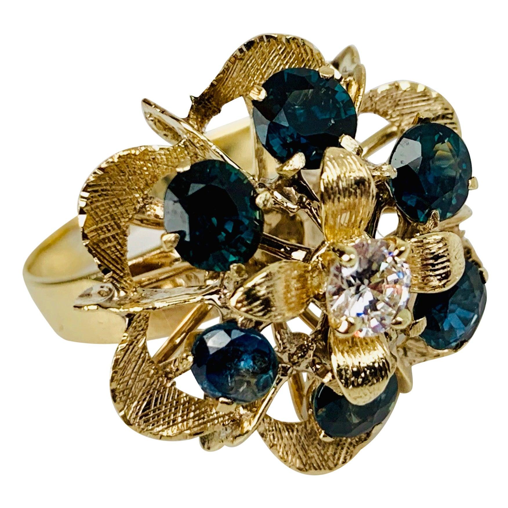 Cluster Ring with Six Sapphires-Florentine Finish-18k y.g. For Sale