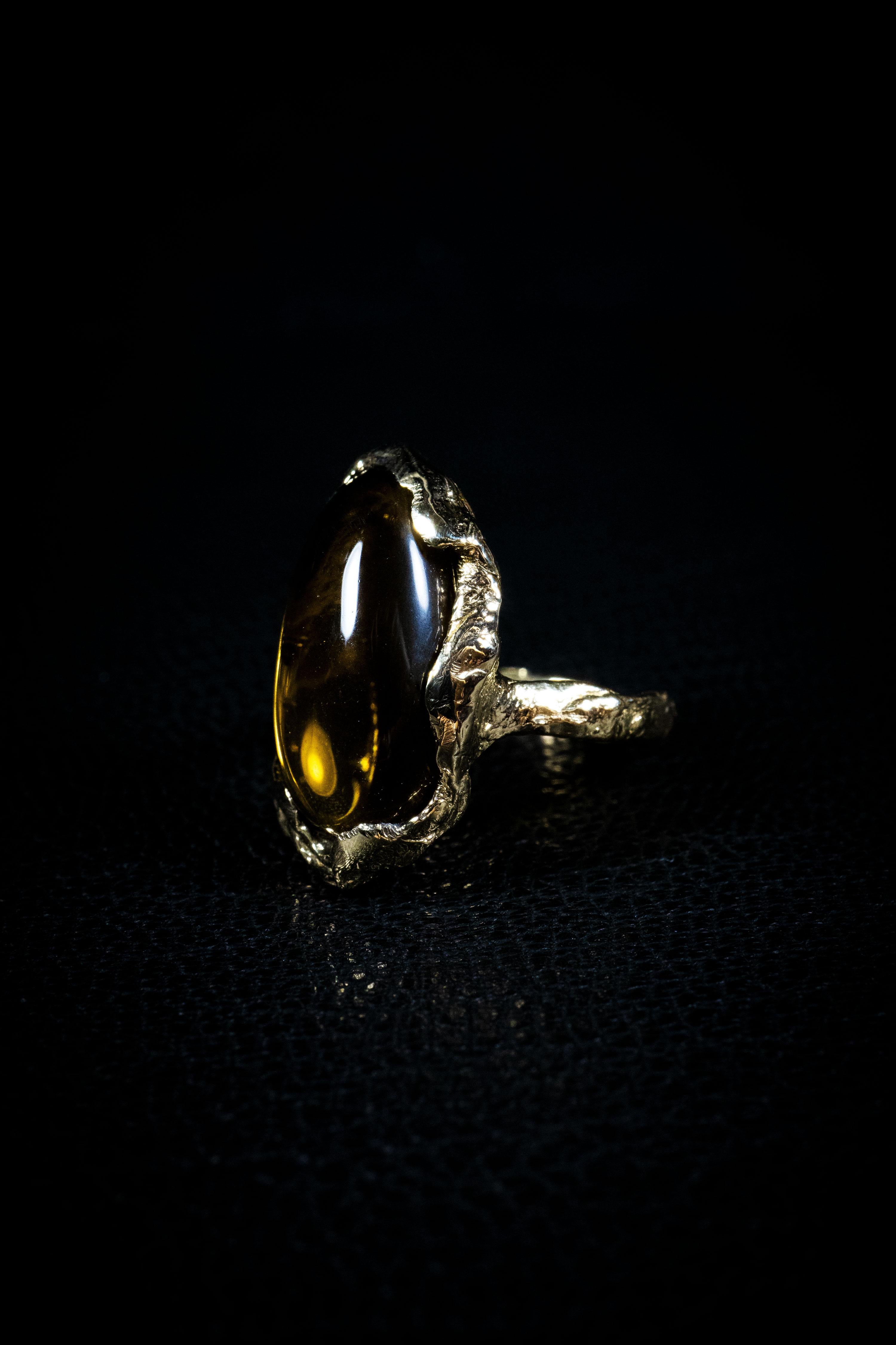 Ring of the Sun is a one-of-a-kind ring by Ken Fury that is hand-carved and cast in 10K solid yellow gold and features a genuine honey citrine stone. 

Metal: 10K Solid Yellow Gold

Stone: Genuine Honey Citrine

Hand-signed.

Ring size: 7.5